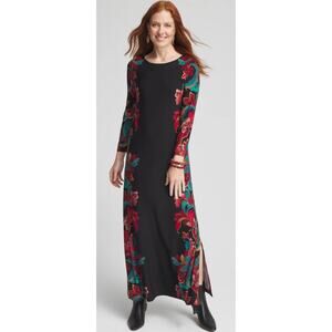 Chicos Jersey Long Sleeve Floral Maxi Dress Womens Size XLP Chicos 3P Black New